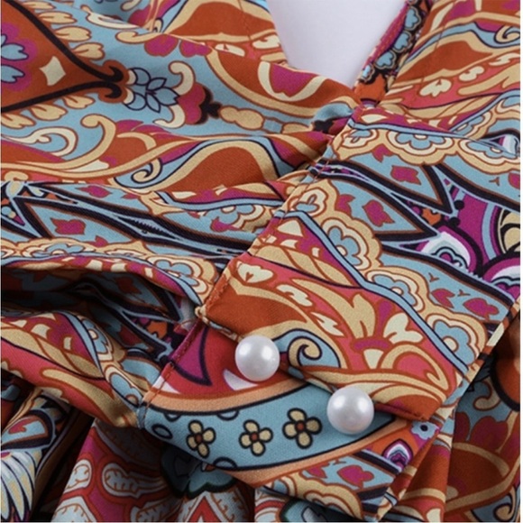 New Multicolour V Neck 3/4 Sleeve Bohemian Vintage Print Mini Dress - Picture 7 of 10